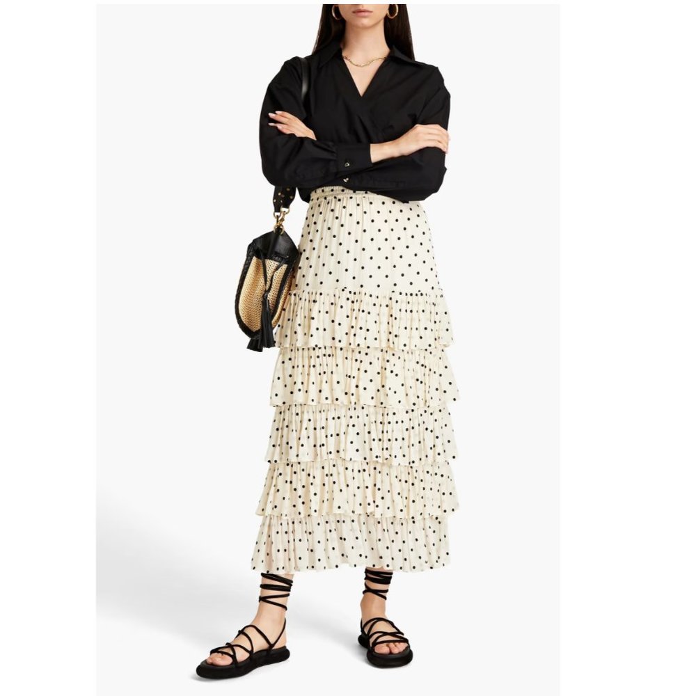 Zimmermann Cream and Black Polka Dot Tiered Midi Skirt